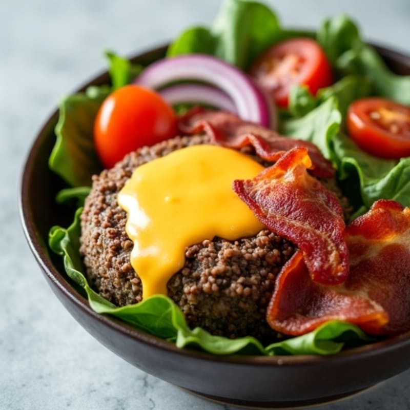 Lean Beef Burger Bowl with Crispy Turkey Bacon and Creamy Cheese Sauce