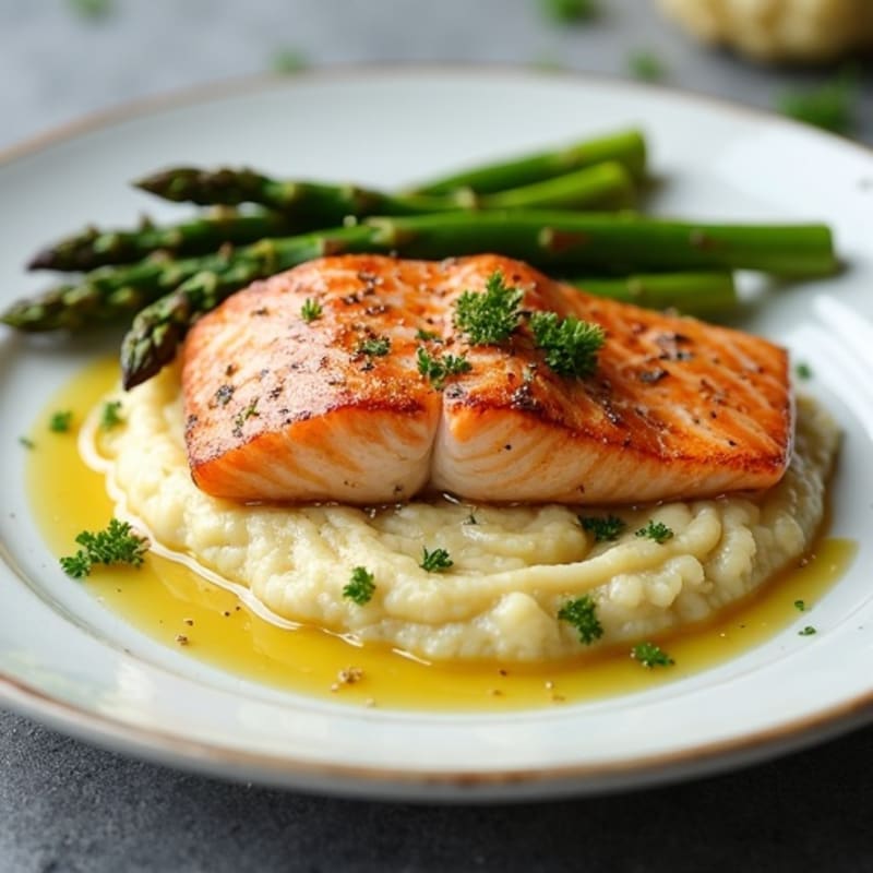 Seared Salmon Fillet with Roasted Asparagus and Cauliflower Mash