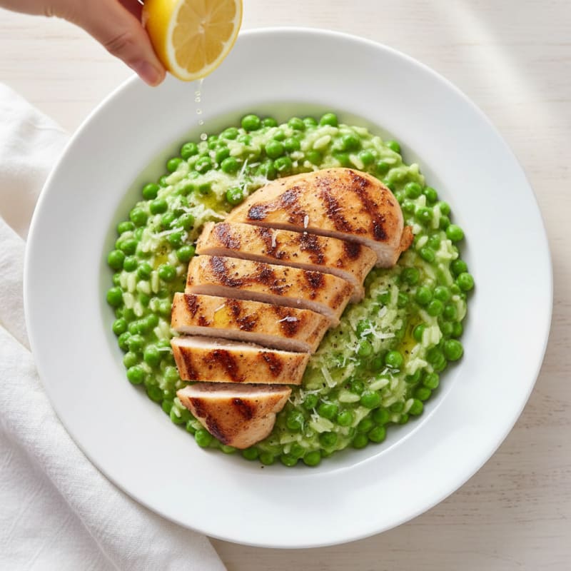 Grilled Chicken with Creamy Pea Risotto