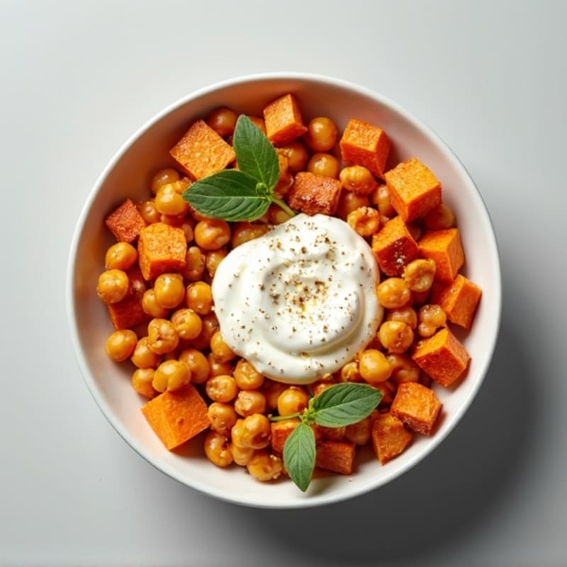 Creamy Savory Greek Yogurt Bowl with Roasted Sweet Potatoes and Crispy Chickpeas