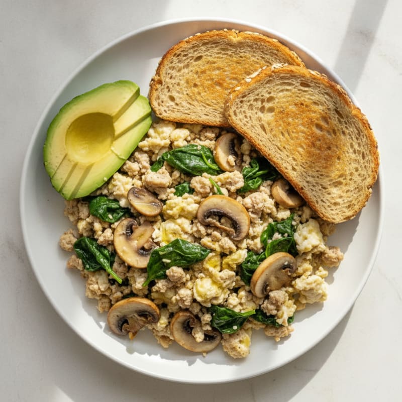 Egg White and Turkey Spinach Scramble with Sautéed Mushrooms