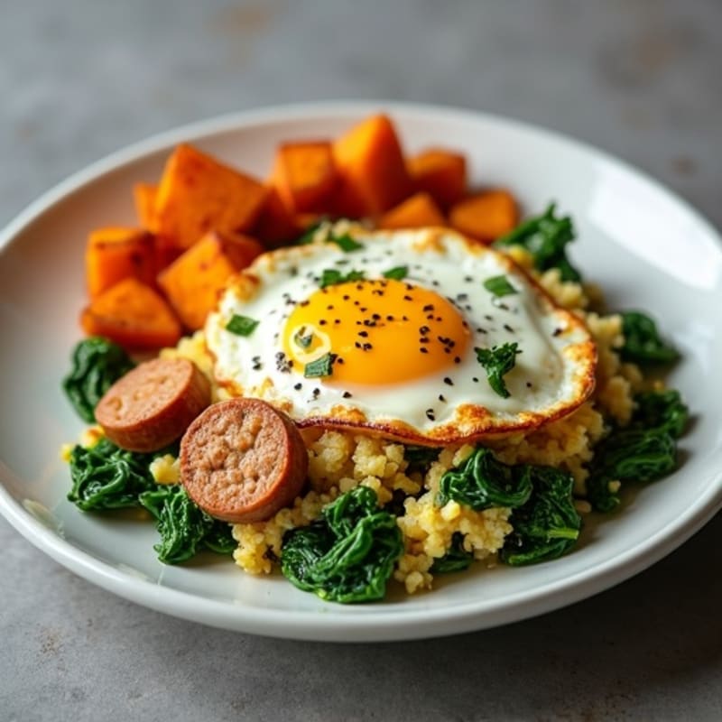 Crispy Turkey Sausage and Spinach Egg Scramble with Roasted Sweet Potatoes