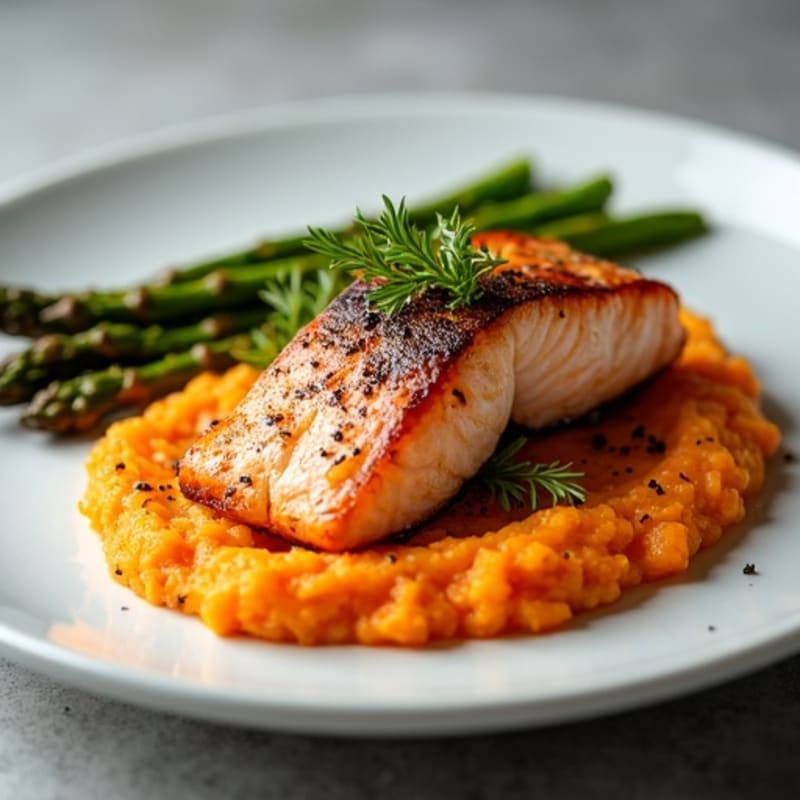 Seared Salmon with Roasted Asparagus and Sweet Potato Mash