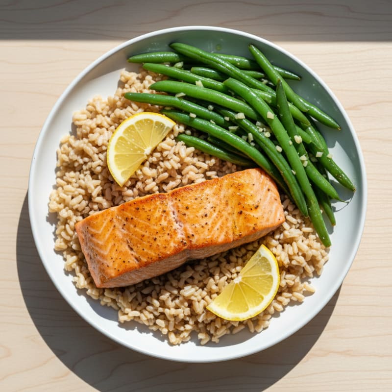 Seared Salmon with Garlic Green Beans and Brown Rice