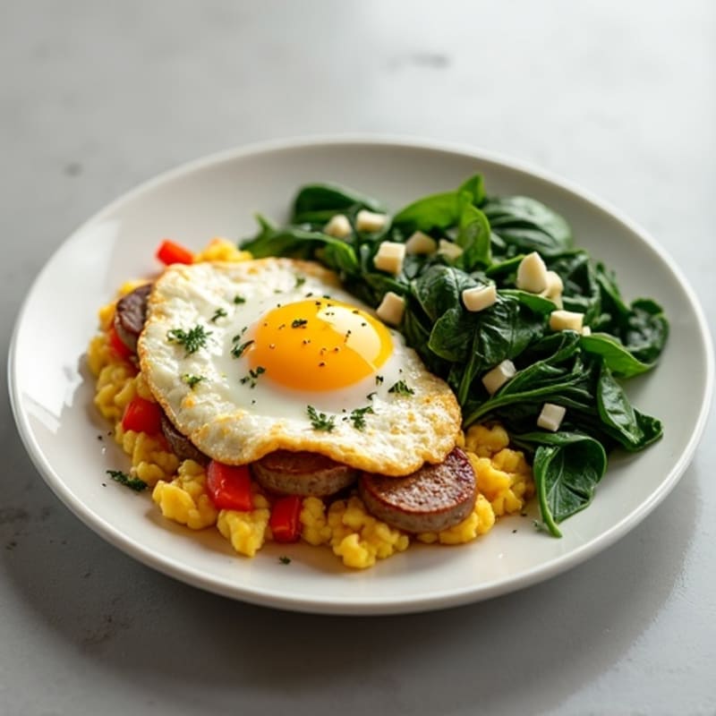 Egg White and Turkey Sausage Scramble with Sautéed Spinach