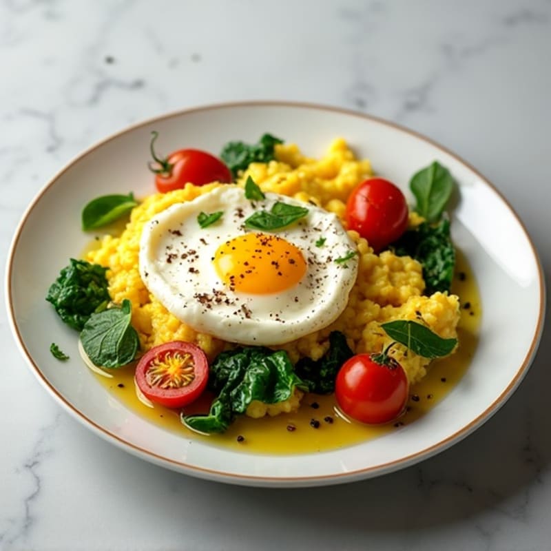 Fluffy Scrambled Eggs with Sautéed Spinach and Cherry Tomatoes