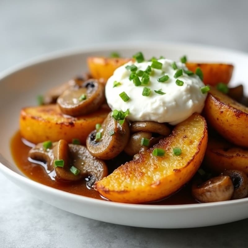 Crispy Roasted Potato Wedges with Rich Mushroom Gravy and Creamy Cottage Cheese