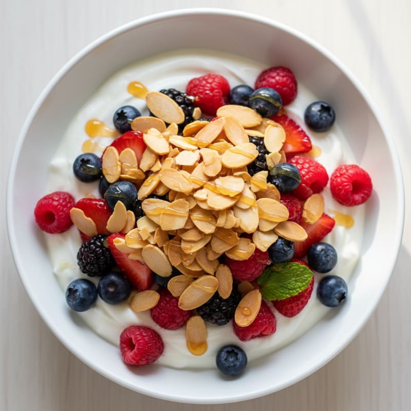 Greek Yogurt Protein Parfait with Mixed Berries and Almonds