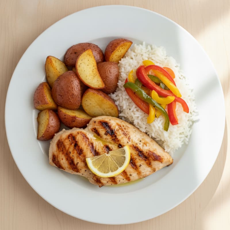 Grilled Chicken Breast with Roasted Potatoes and Steamed Rice