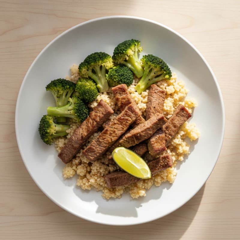 Seared Lean Beef Strips with Steamed Broccoli and Cauliflower Rice
