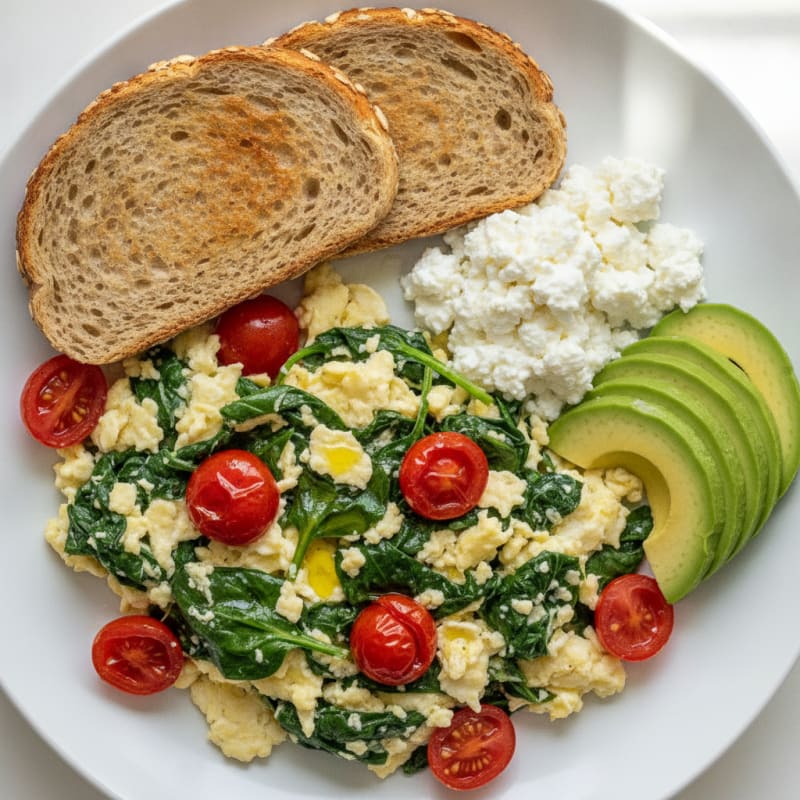 Egg White and Spinach Scramble with Cottage Cheese and Cherry Tomatoes