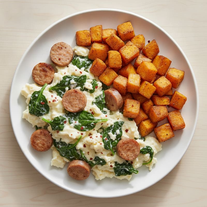 Egg White Scramble with Turkey Sausage and Sautéed Spinach