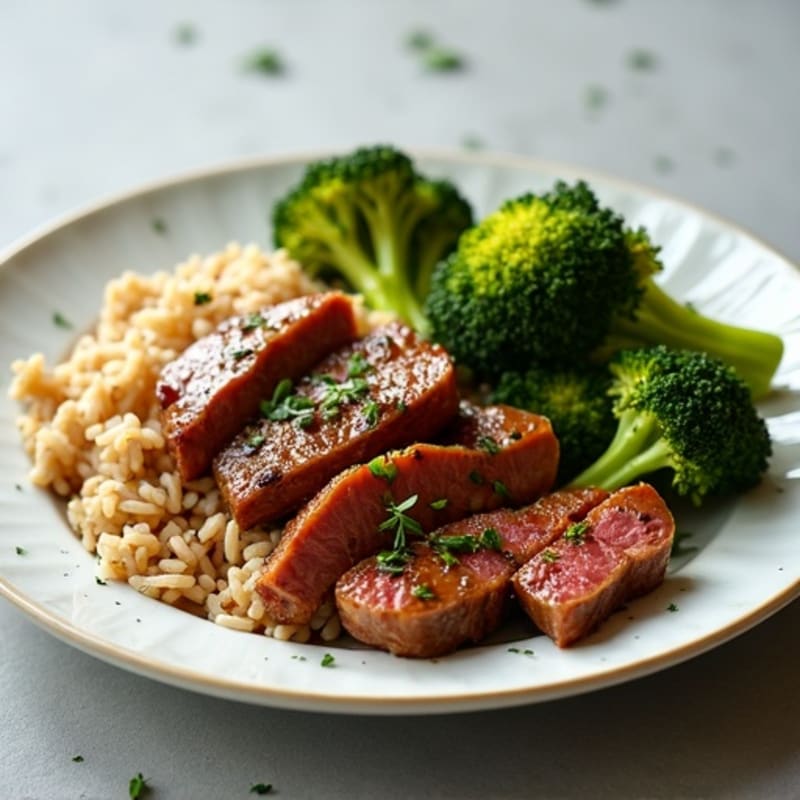 Garlic-Ginger Beef with Roasted Broccoli and Brown Rice