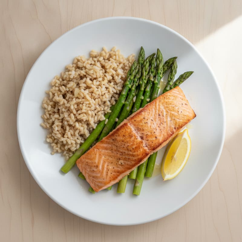 Seared Salmon Fillet with Steamed Asparagus and Brown Rice
