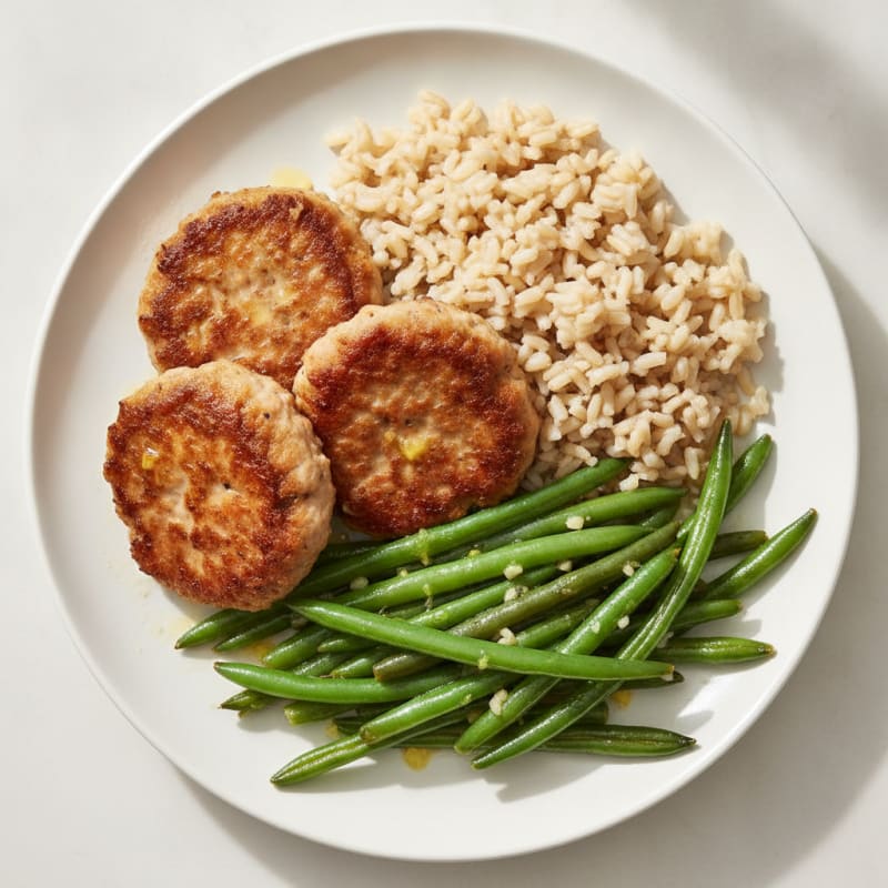 Seared Turkey Patties with Garlic Green Beans and Brown Rice