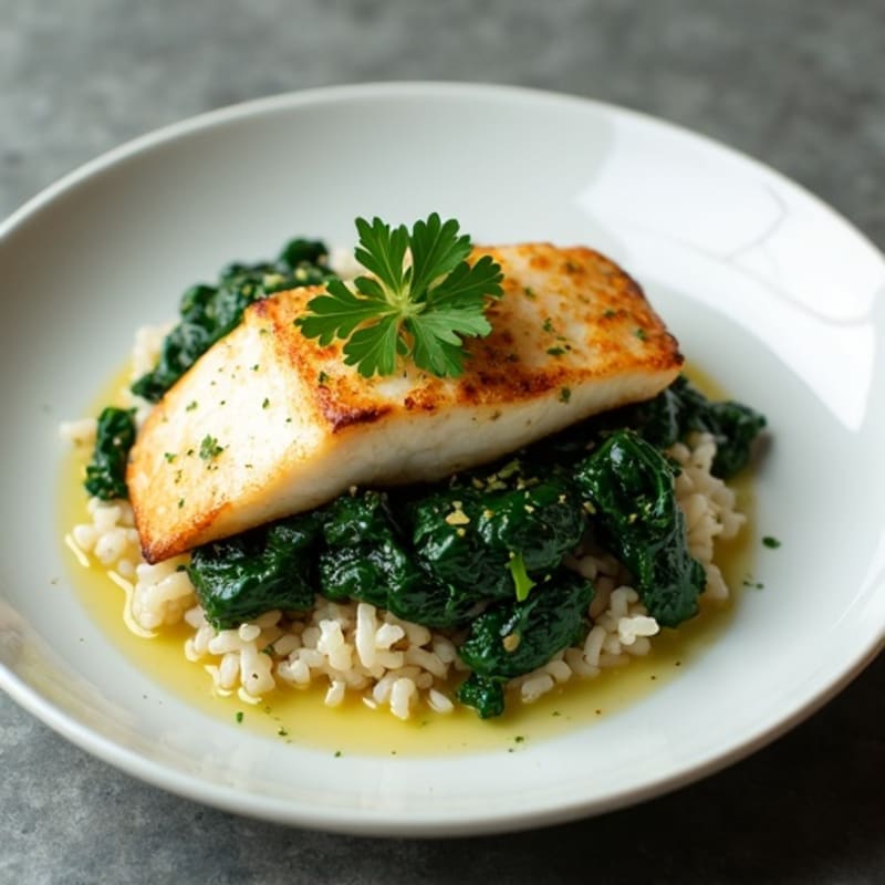 Seared Fish Fillet with Garlic Spinach and Herb Rice