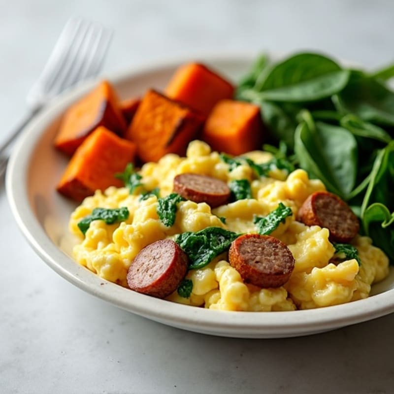 Egg White and Turkey Sausage Scramble with Spinach and Roasted Sweet Potato