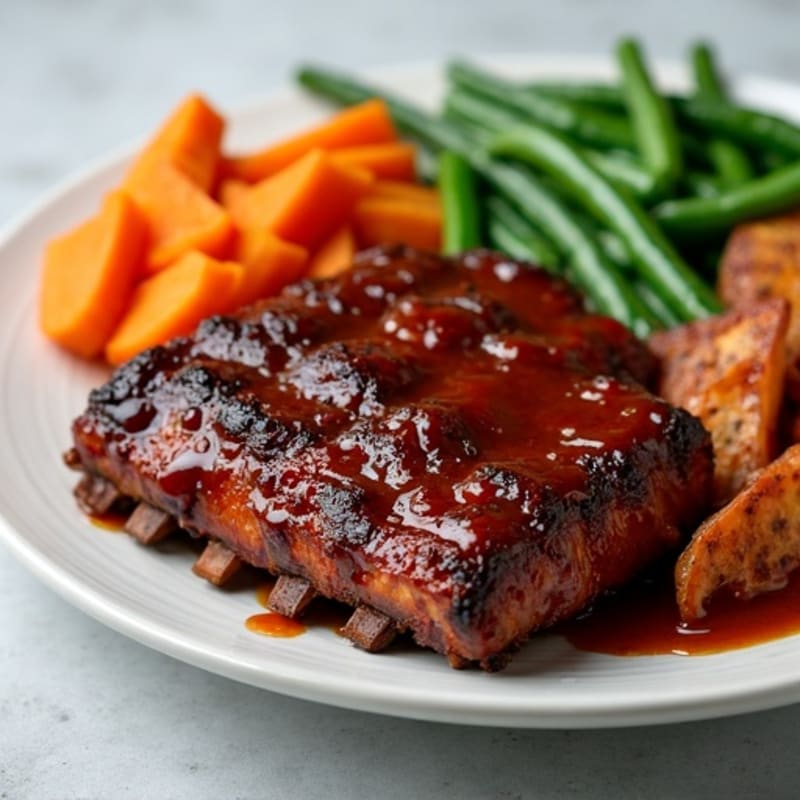 Tender Smoked Pork Ribs with Tangy BBQ Glaze, Roasted Sweet Potatoes, and Crispy Green Beans
