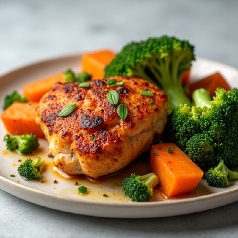 Crispy Roasted Chicken Thighs with Sweet Potatoes and Broccoli
