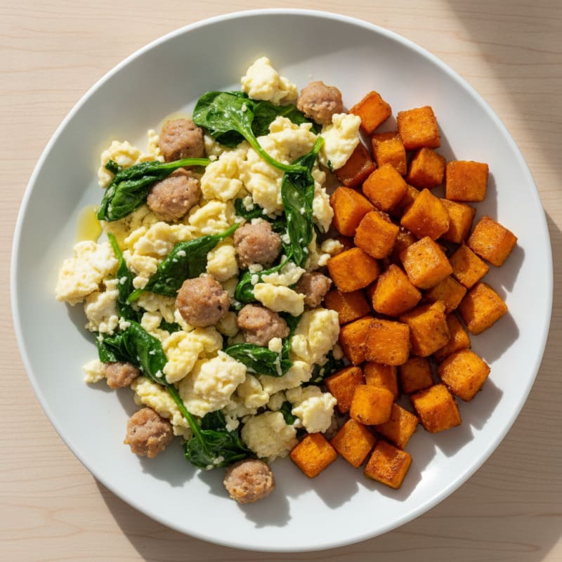 Egg White and Turkey Sausage Scramble with Spinach and Roasted Sweet Potatoes