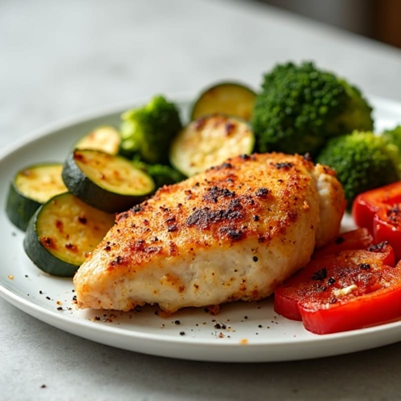Crispy Sheet Pan Chicken with Roasted Zucchini, Broccoli, and Bell Peppers