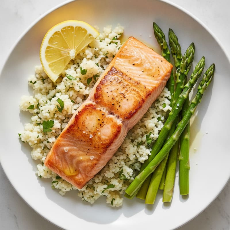 Seared Salmon with Herb Cauliflower Rice and Steamed Asparagus