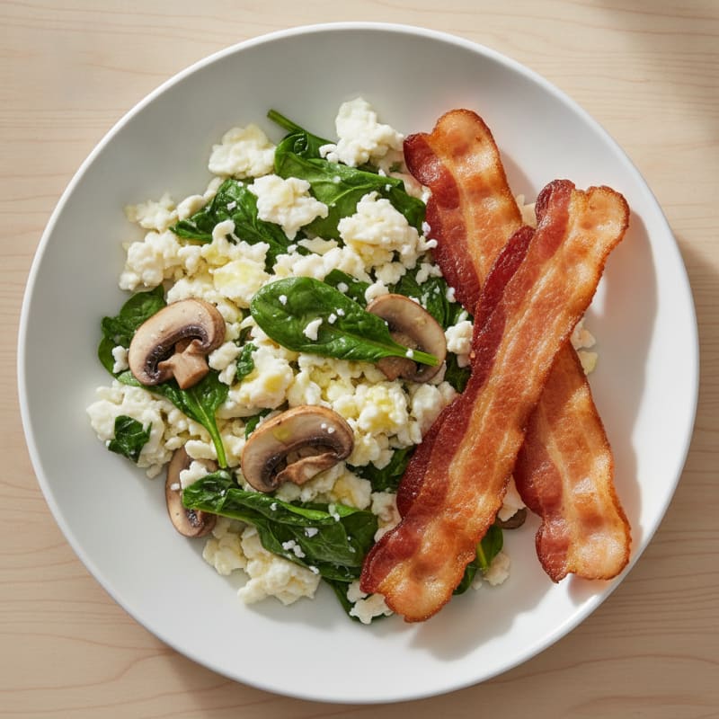 Egg White Spinach Scramble with Turkey Bacon and Sautéed Mushrooms