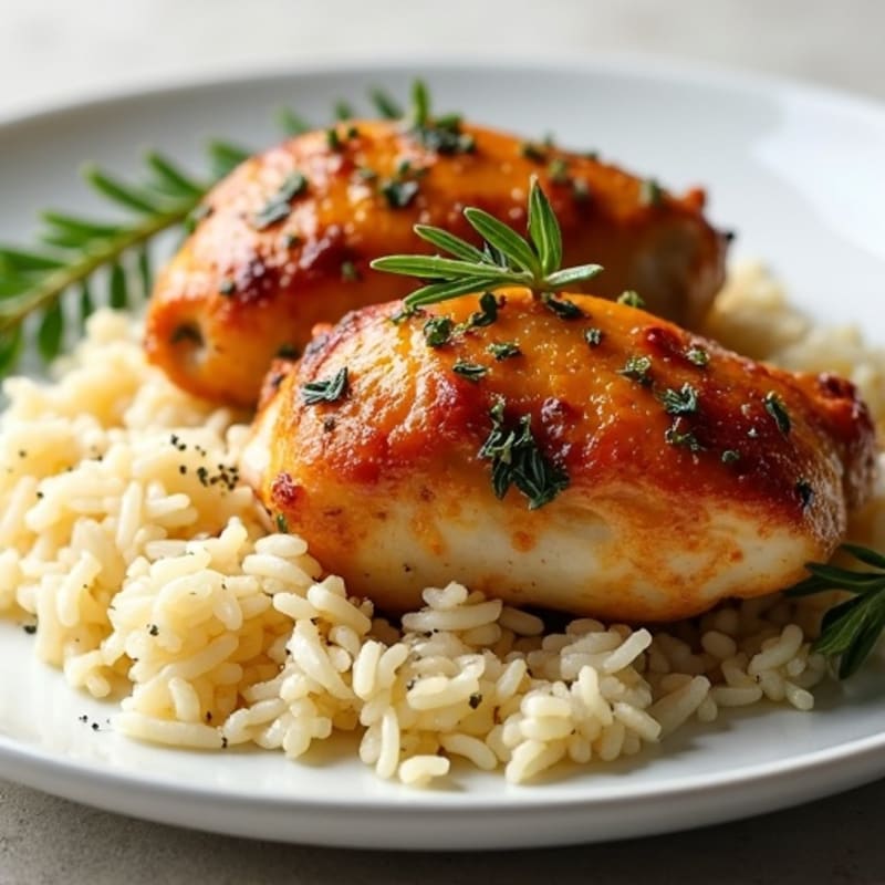 Crispy Herb-Roasted Chicken Thighs with Savory White Rice