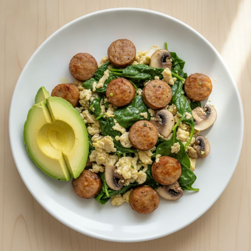 Egg White and Turkey Sausage Scramble with Spinach and Mushrooms