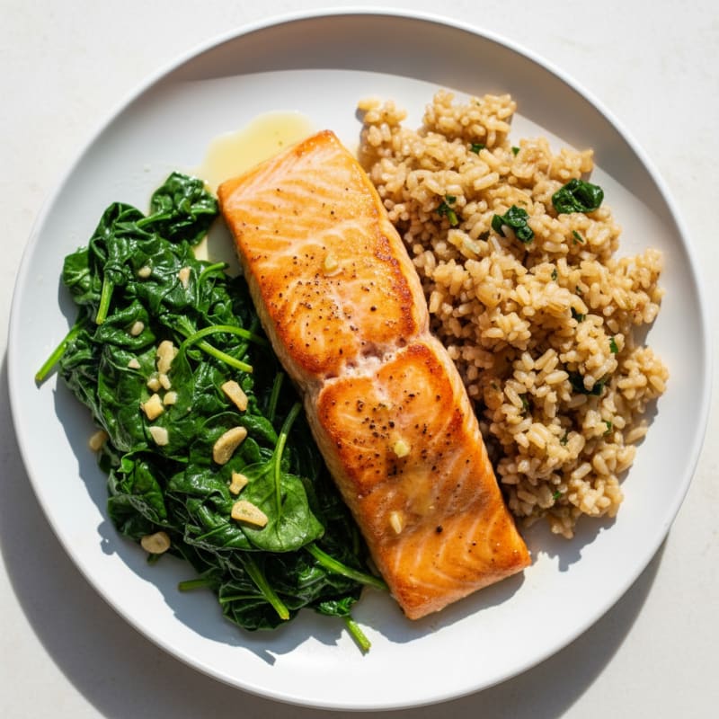 Seared Salmon with Garlic Spinach and Brown Rice Pilaf
