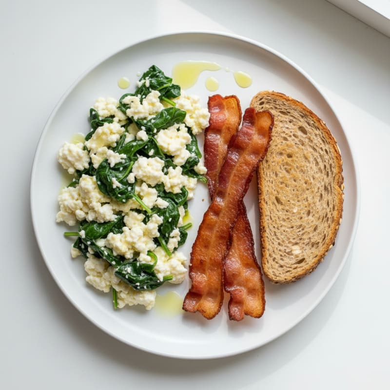 Egg White Spinach Scramble with Cottage Cheese and Turkey Bacon