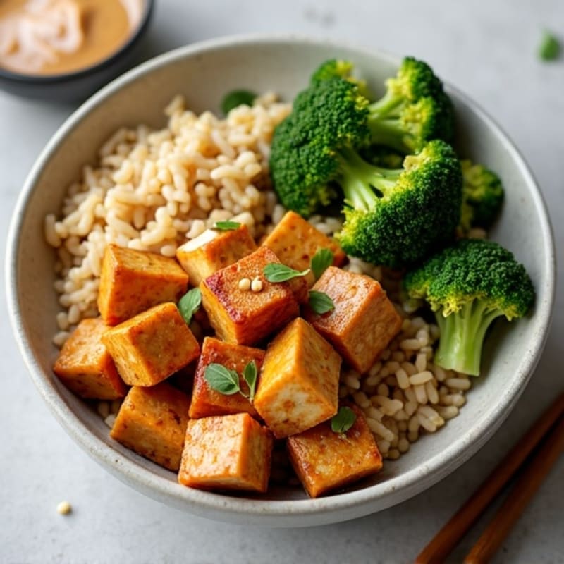 Crispy Peanut Ginger Tofu with Roasted Broccoli and Brown Rice