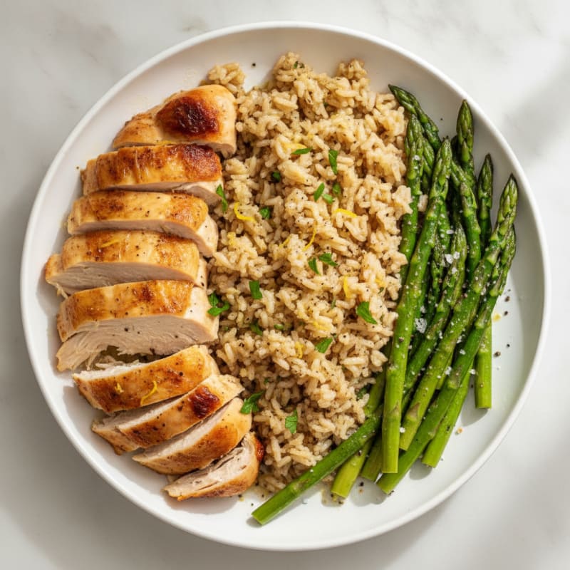 Rotisserie Chicken with Lemon-Herb Rice and Asparagus