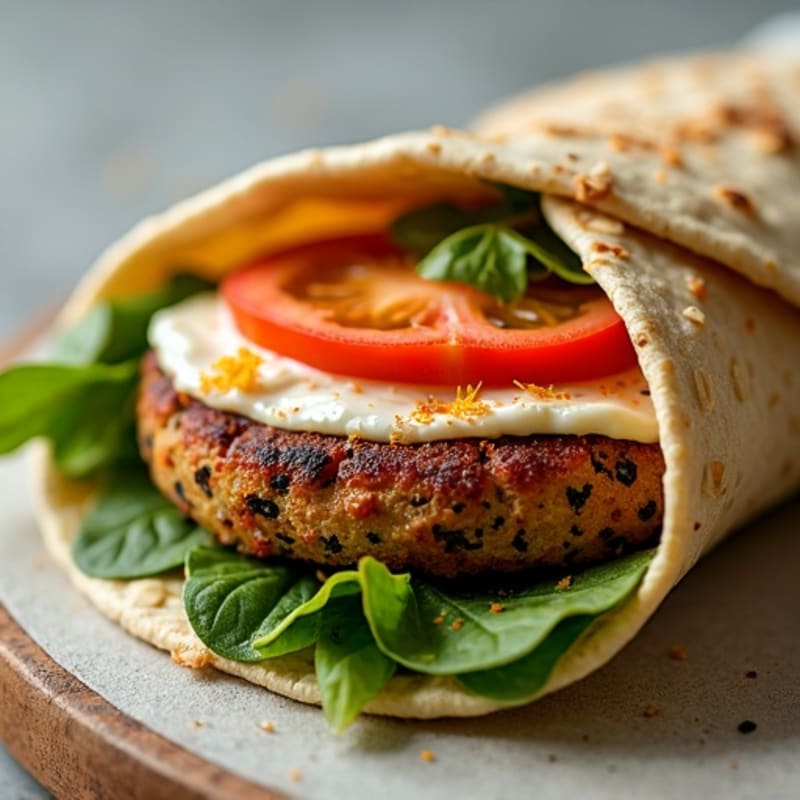 Crispy Black Bean Burger Wrap with Fresh Greens and Zesty Tahini