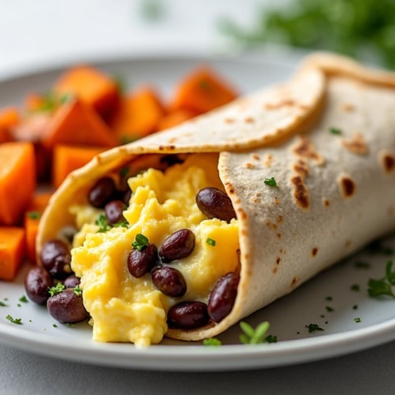 Creamy Scrambled Egg and Black Bean Burrito with Roasted Sweet Potatoes