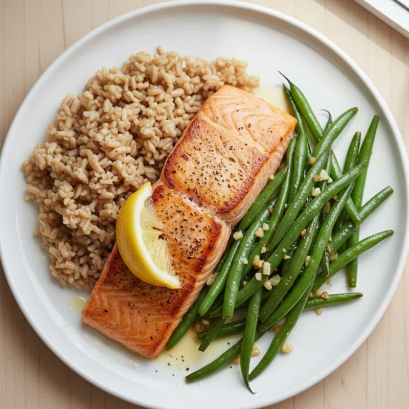 Seared Salmon Fillet with Garlic Green Beans and Brown Rice