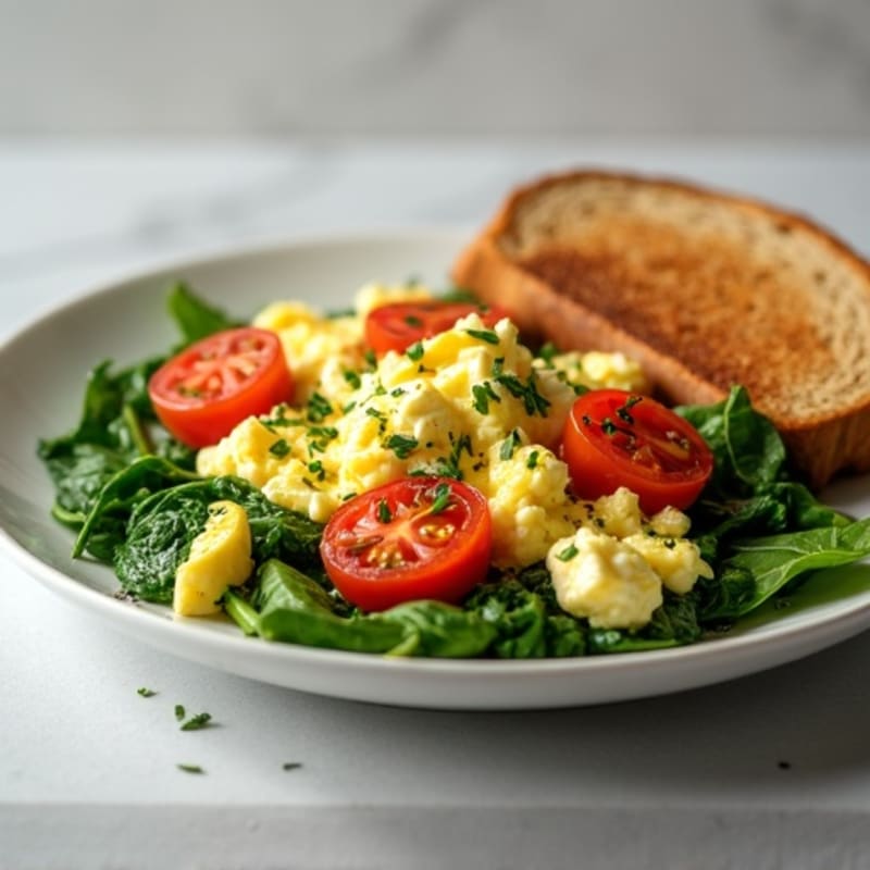 Cottage Cheese Egg White Scramble with Spinach and Roasted Cherry Tomatoes