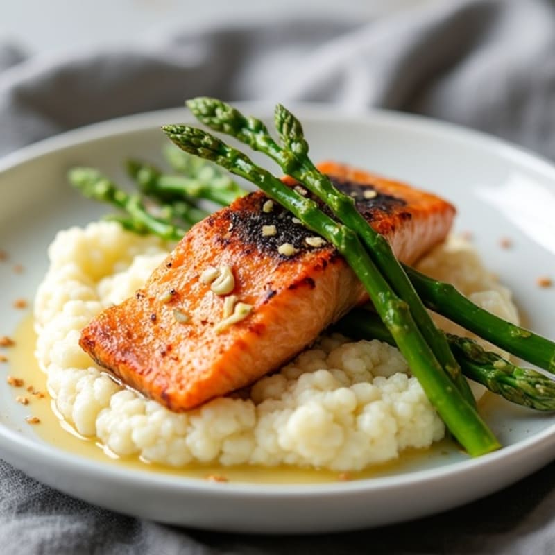 Seared Salmon with Steamed Asparagus and Garlic Cauliflower Mash