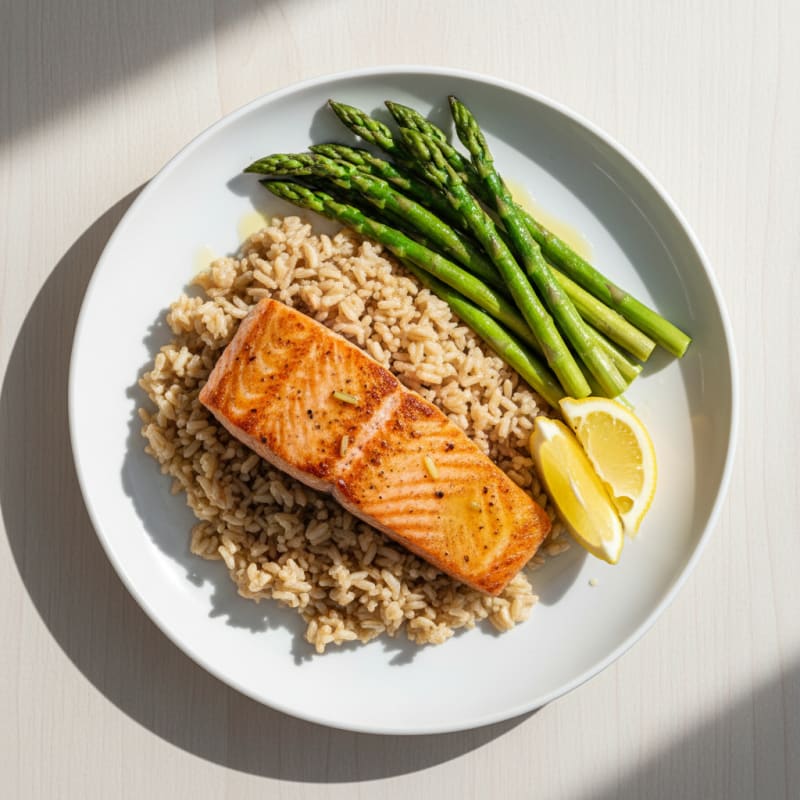 Seared Salmon with Steamed Asparagus and Brown Rice