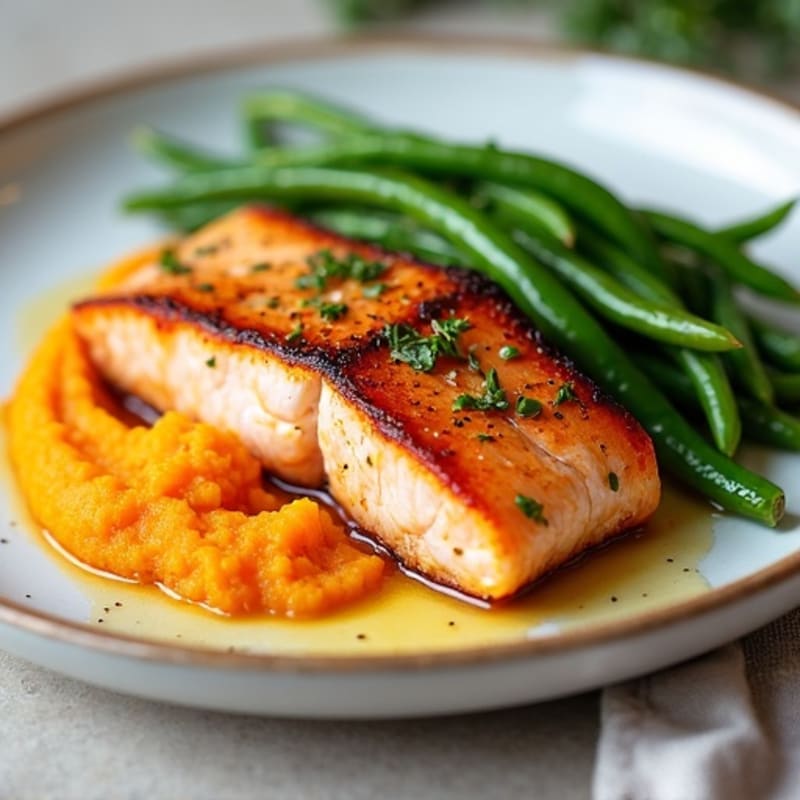Seared Salmon with Garlic Green Beans and Sweet Potato Mash