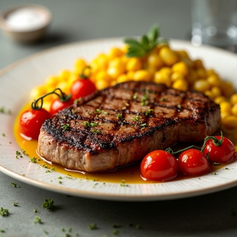 Juicy Pan-Seared Steak with Roasted Cherry Tomatoes and Sweetcorn