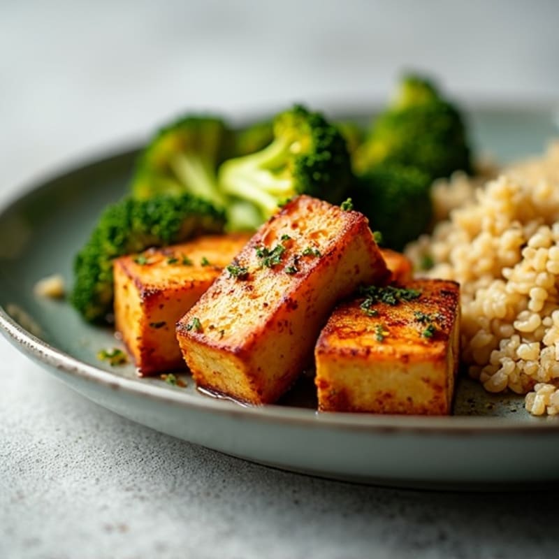 Crispy Baked Tofu with Roasted Broccoli and Quinoa
