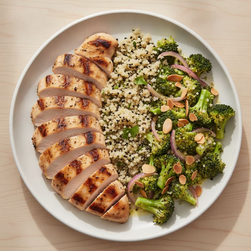 Grilled Chicken Breast with Quinoa and Crunchy Broccoli Salad