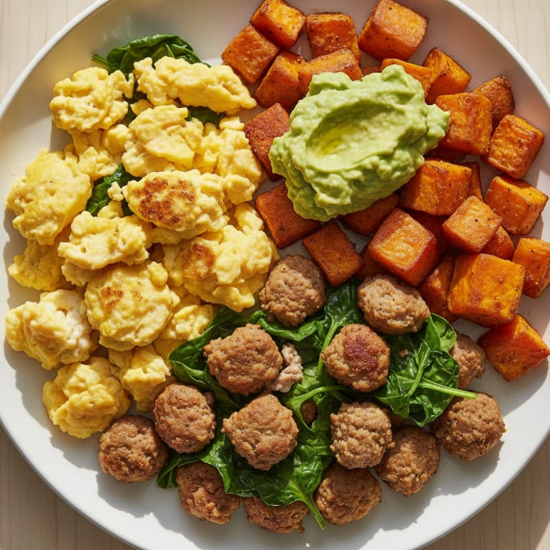 Scrambled Eggs with Turkey Sausage and Roasted Sweet Potato