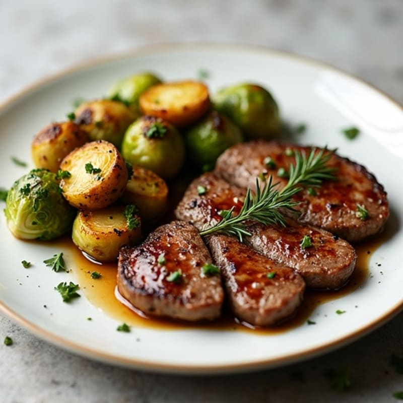 Garlic Herb Pan-Seared Steak with Crispy Roasted Brussels Sprouts