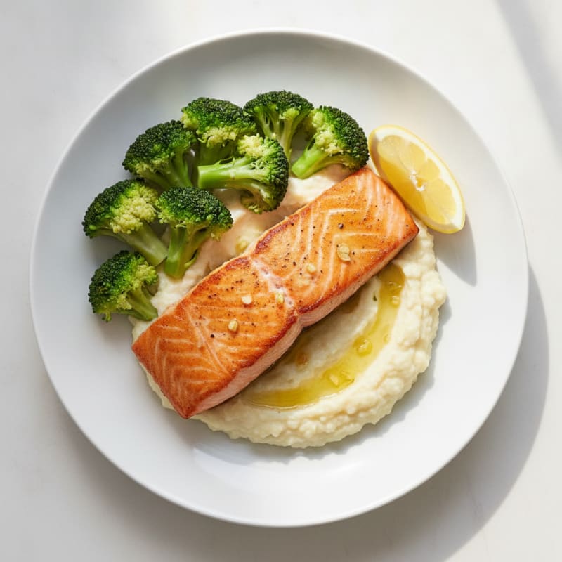 Seared Salmon with Steamed Broccoli and Cauliflower Mash