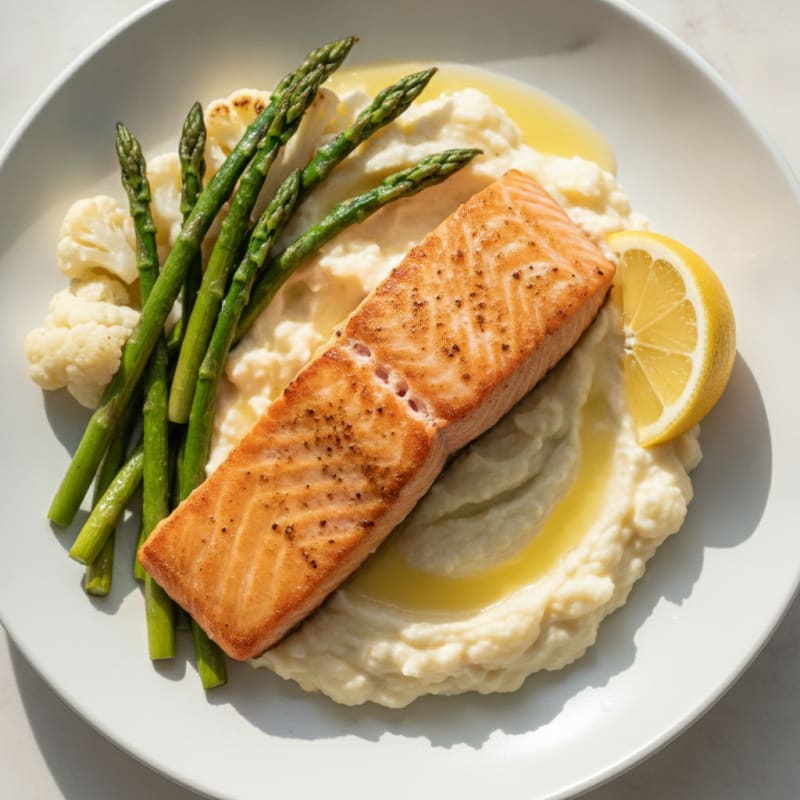 Seared Salmon Fillet with Roasted Asparagus and Cauliflower Mash