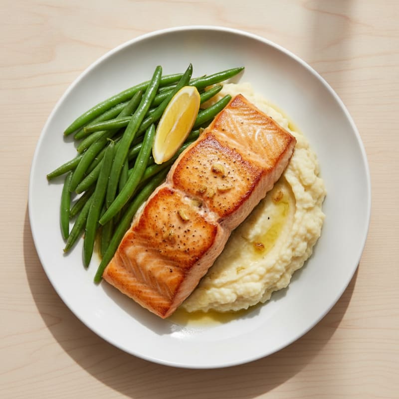Seared Salmon with Steamed Green Beans and Garlic Cauliflower Mash