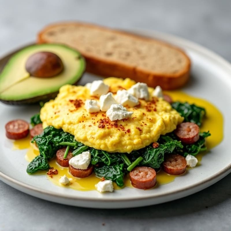Egg White and Turkey Sausage Scramble with Spinach and Feta