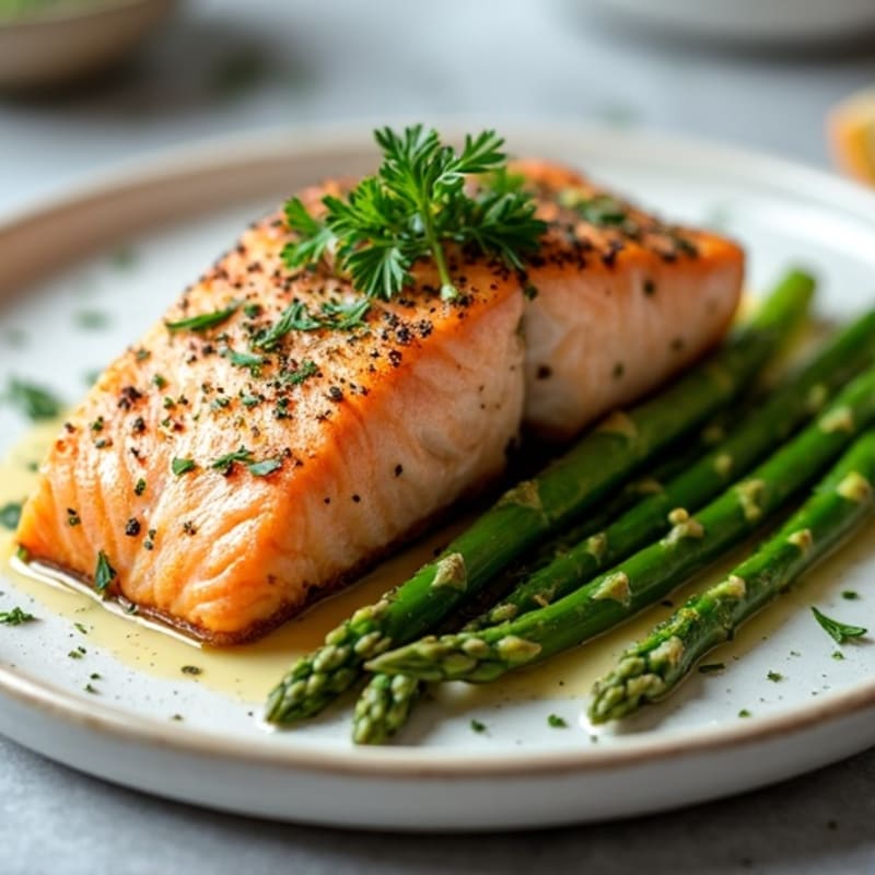 Herb-Crusted Pan Seared Salmon with Garlic Butter Asparagus